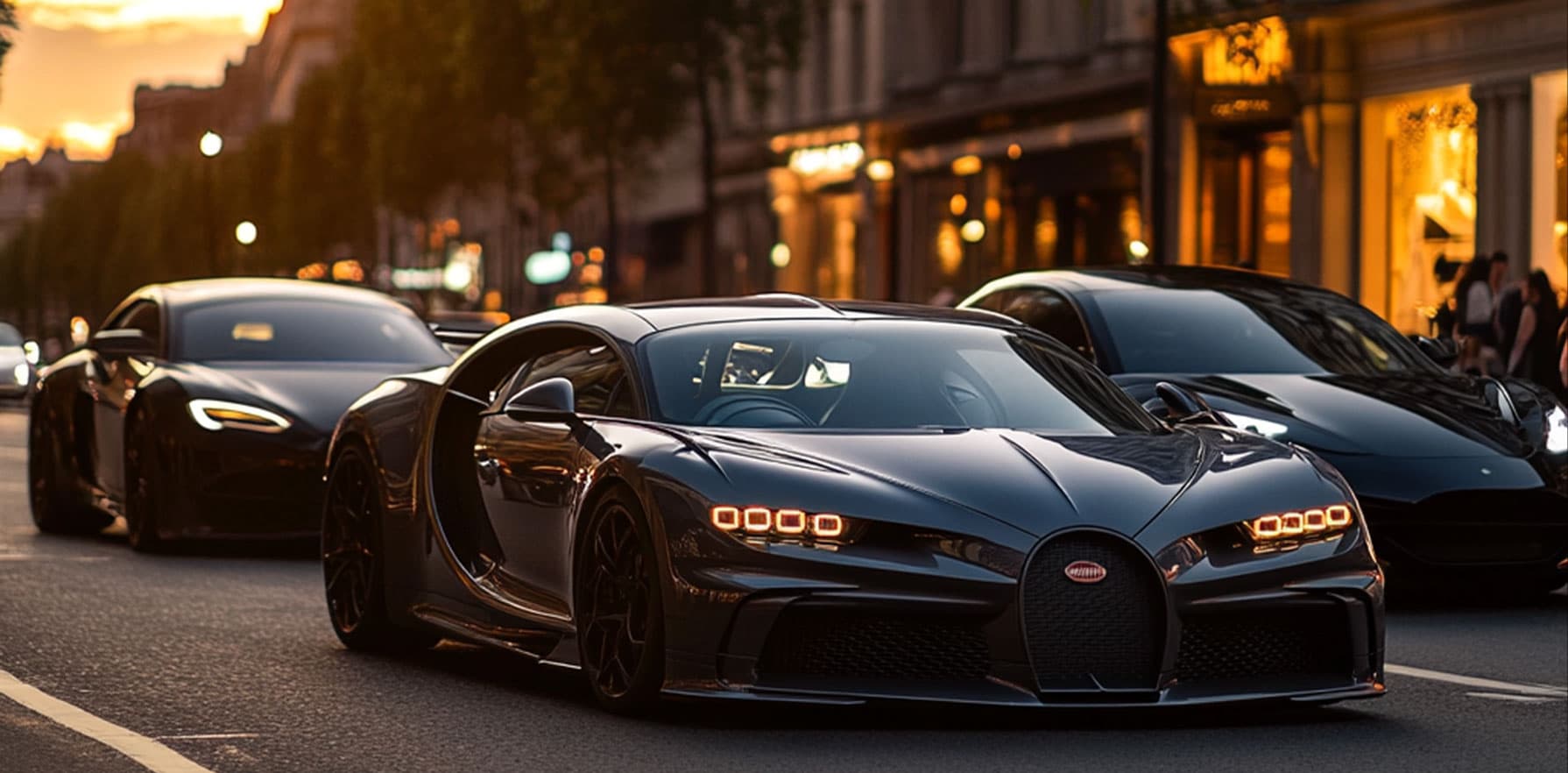 Bugatti and supercars in London at dusk