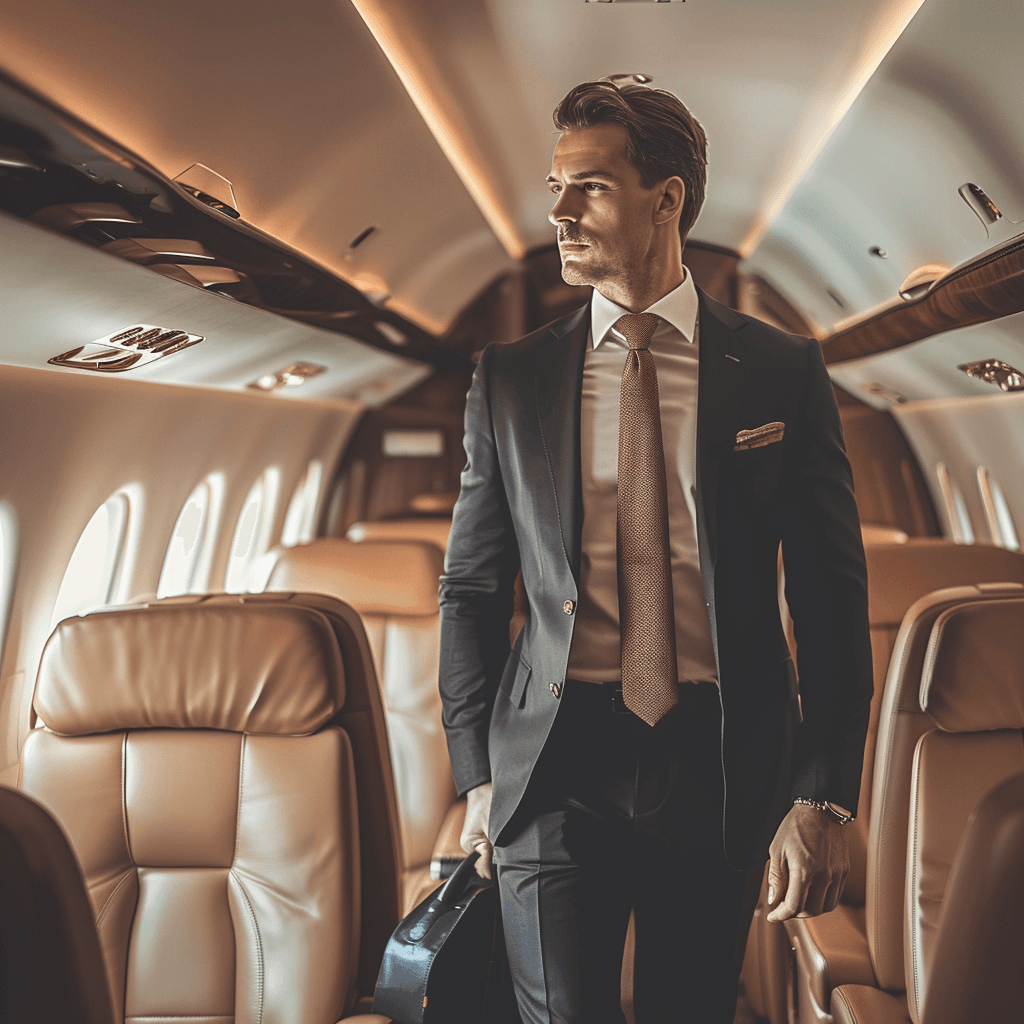 Executive in luxury private jet cabin
